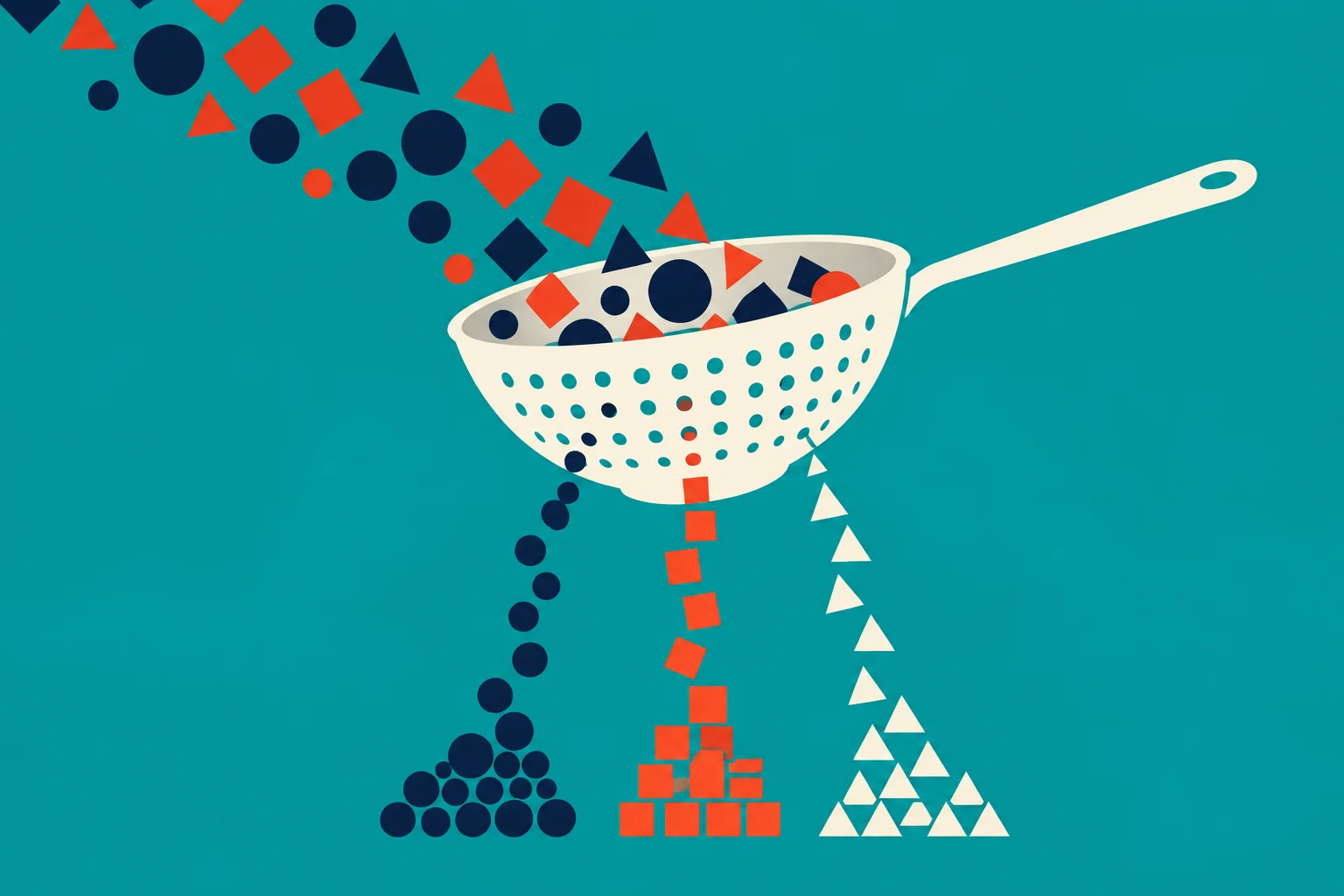 A cream colander on a teal background sorts falling geometric shapes into separate piles of navy circles, orange squares, and cream triangles.
