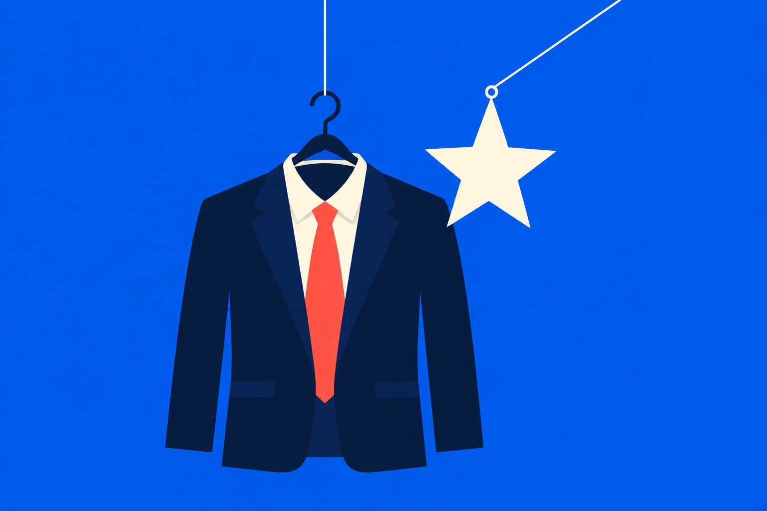 A navy suit with a cream shirt and red tie hangs from a hanger beside a suspended cream star against a bright blue background.