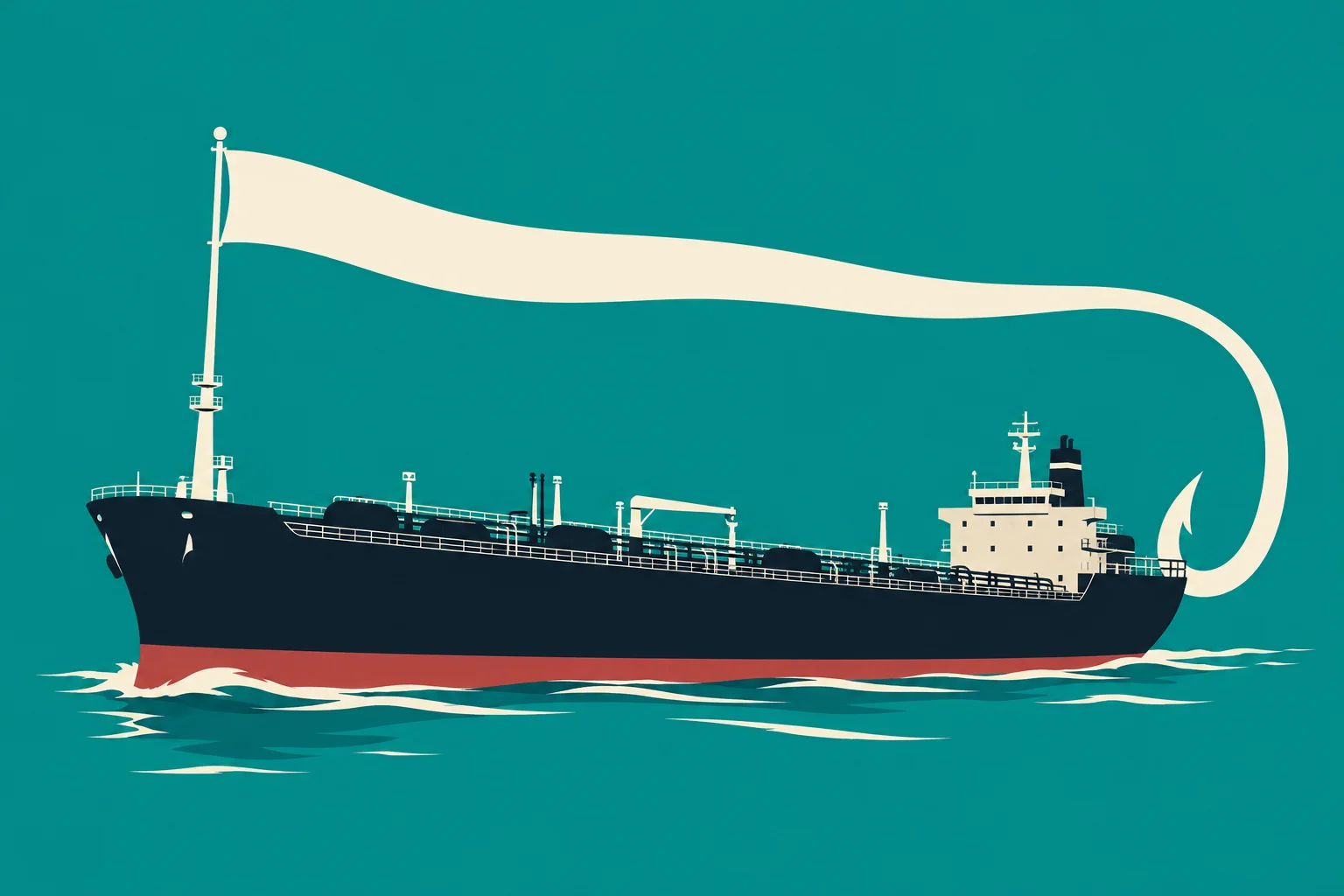 A stylized black and red tanker ship sails on teal water, with a long cream banner flowing from its bow mast and curling behind the stern.