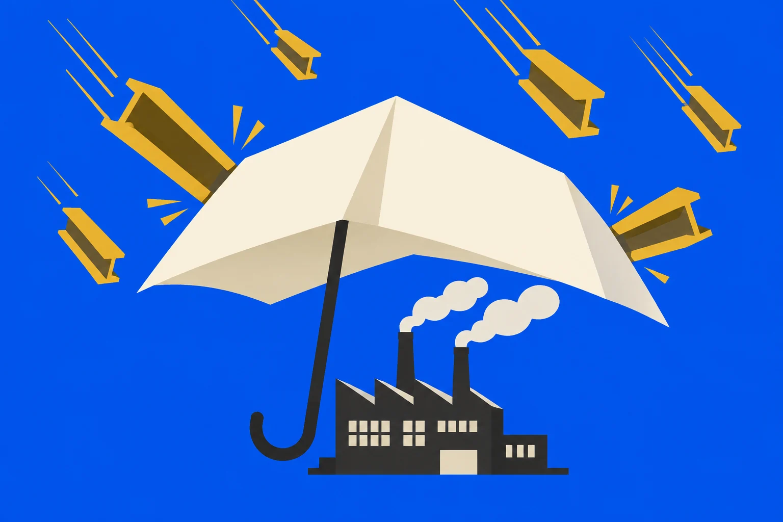 A large umbrella shields a smoking factory from falling golden steel beams against a bright blue background.
