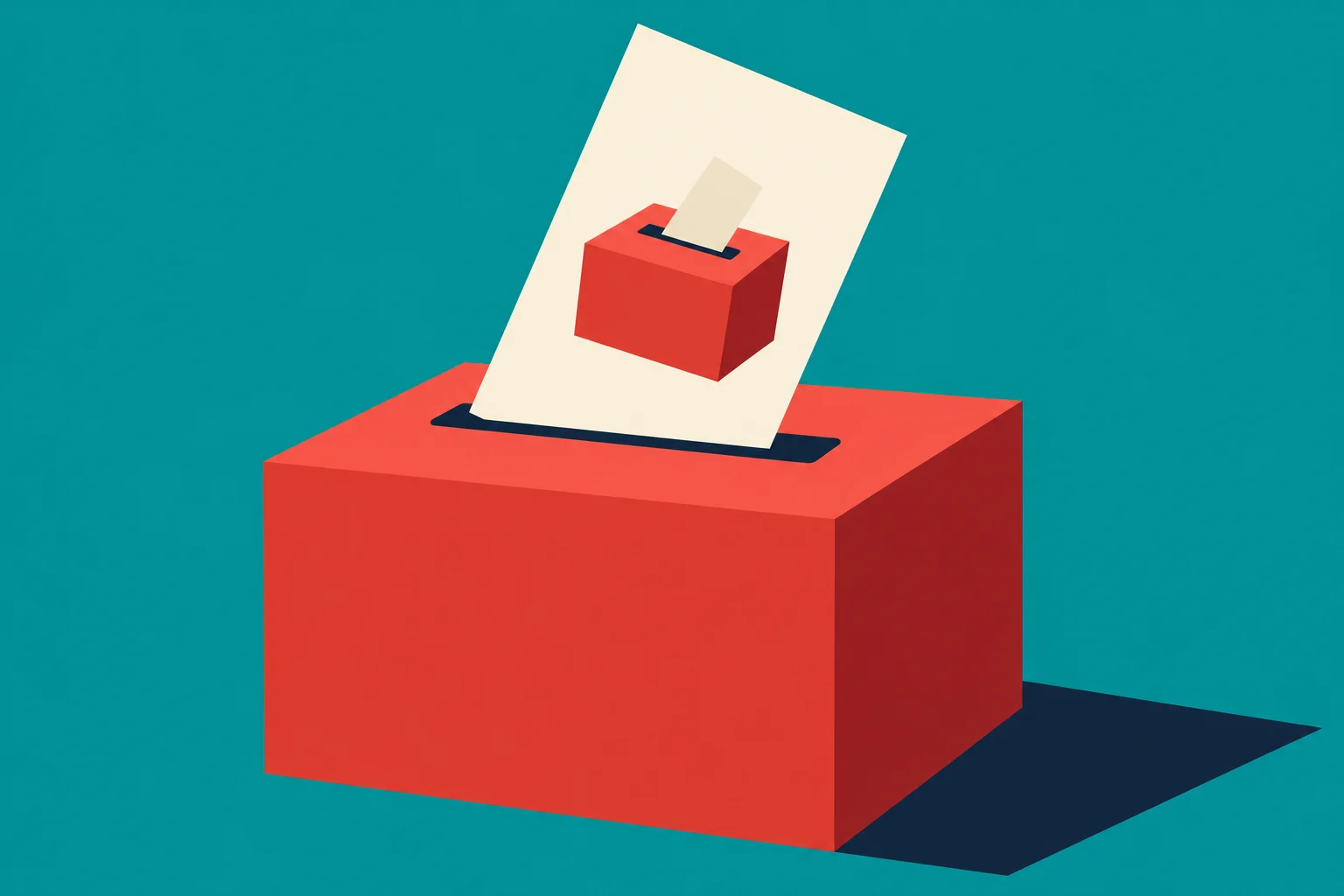 A red ballot box on a teal background holds a cream ballot depicting a smaller red ballot box with another ballot inserted.