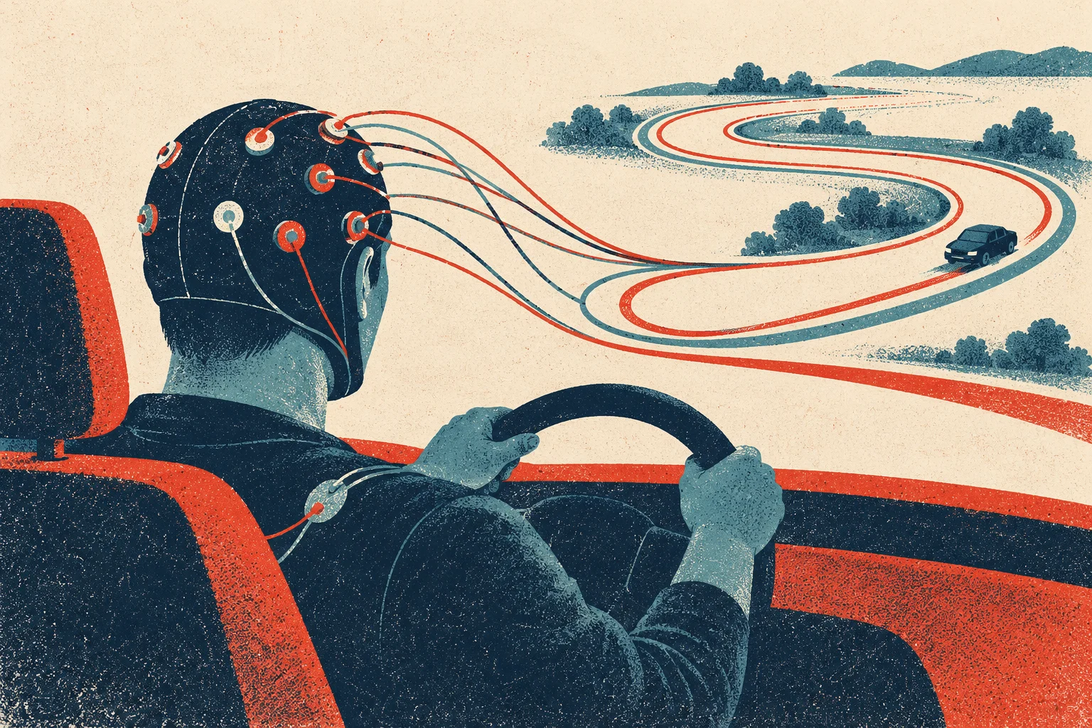 A driver wearing a wired sensor cap steers a car as colored wires extend from their head into a winding road through the countryside.