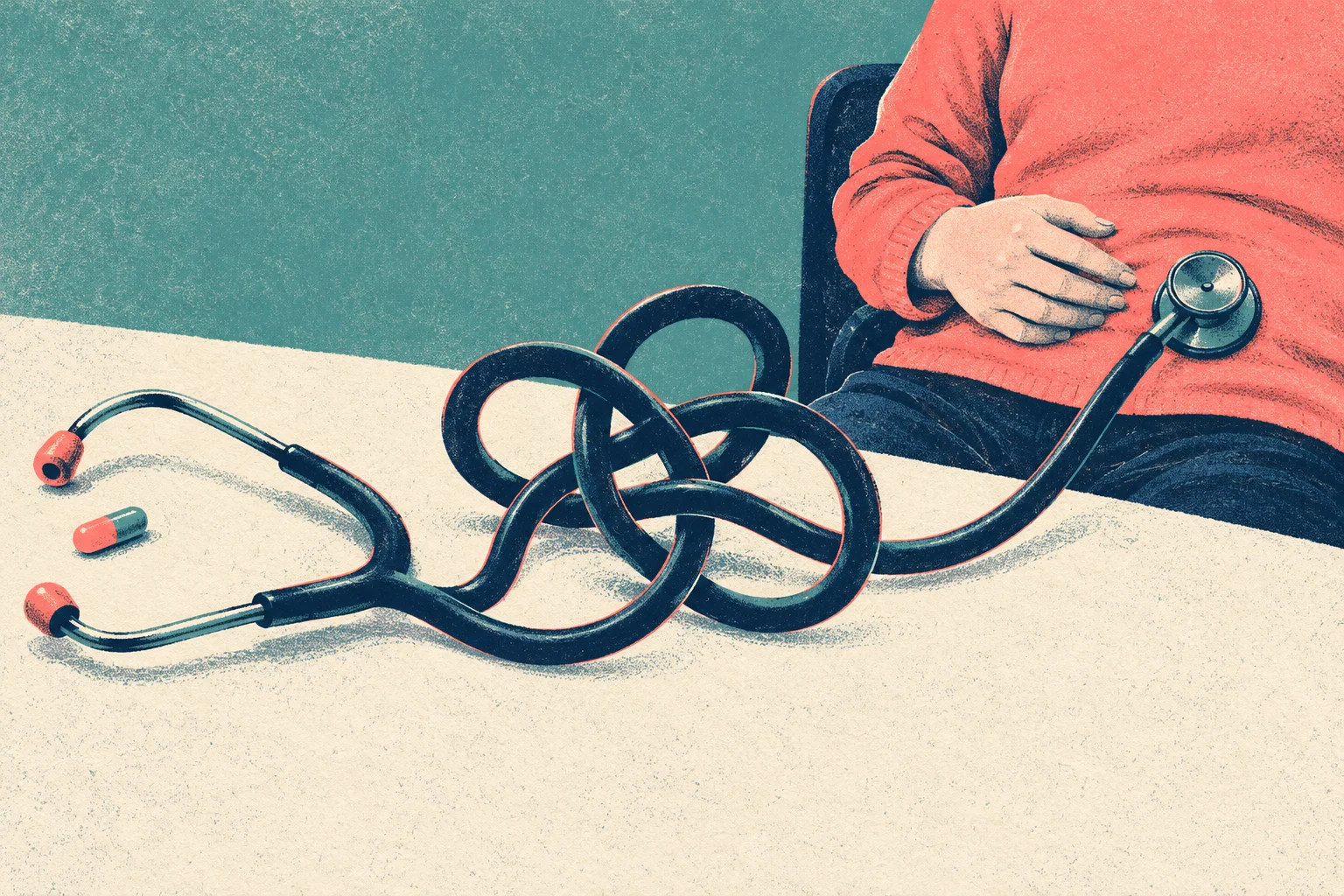 A seated person in a coral sweater holds their abdomen beside a tangled stethoscope and a capsule on a cream table.