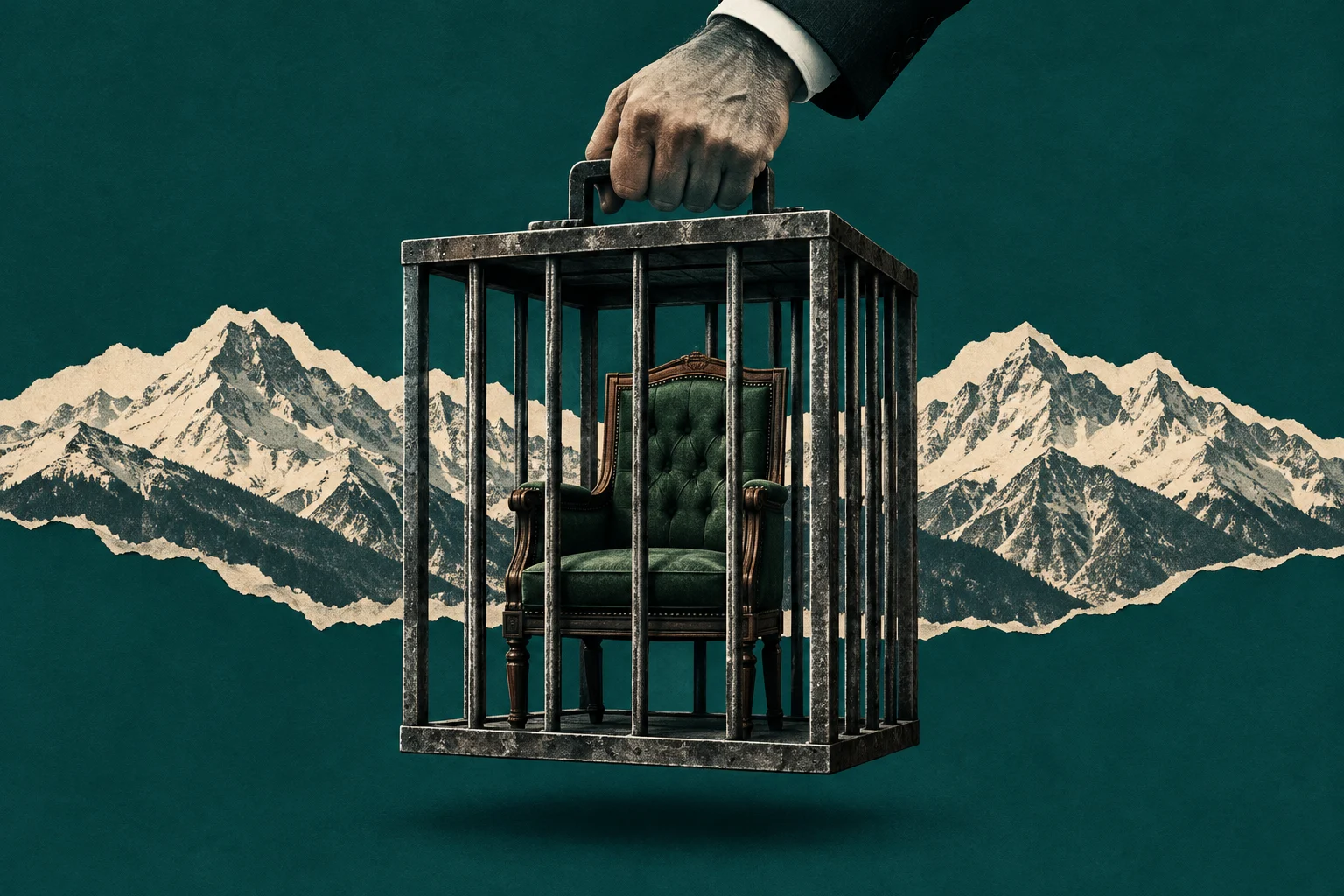 A suited hand holds a suspended metal cage containing an ornate green armchair, against a teal background with a torn-paper strip of snowy mountains.