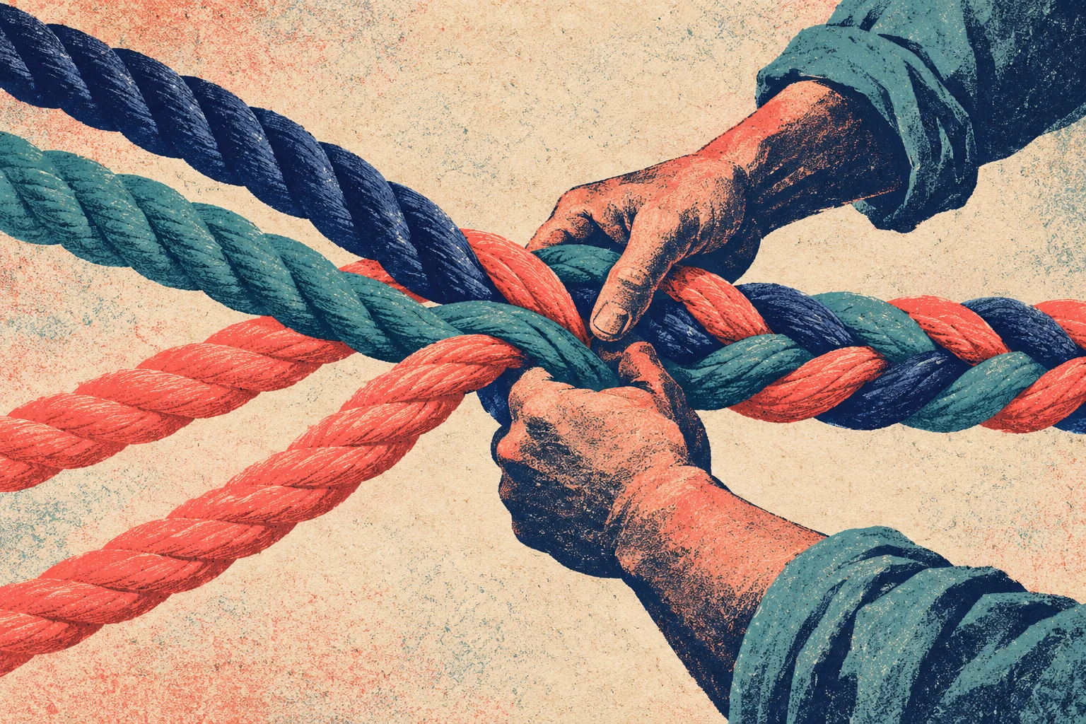 Two hands weave thick coral, teal, and navy ropes into a single braid against a textured cream background.