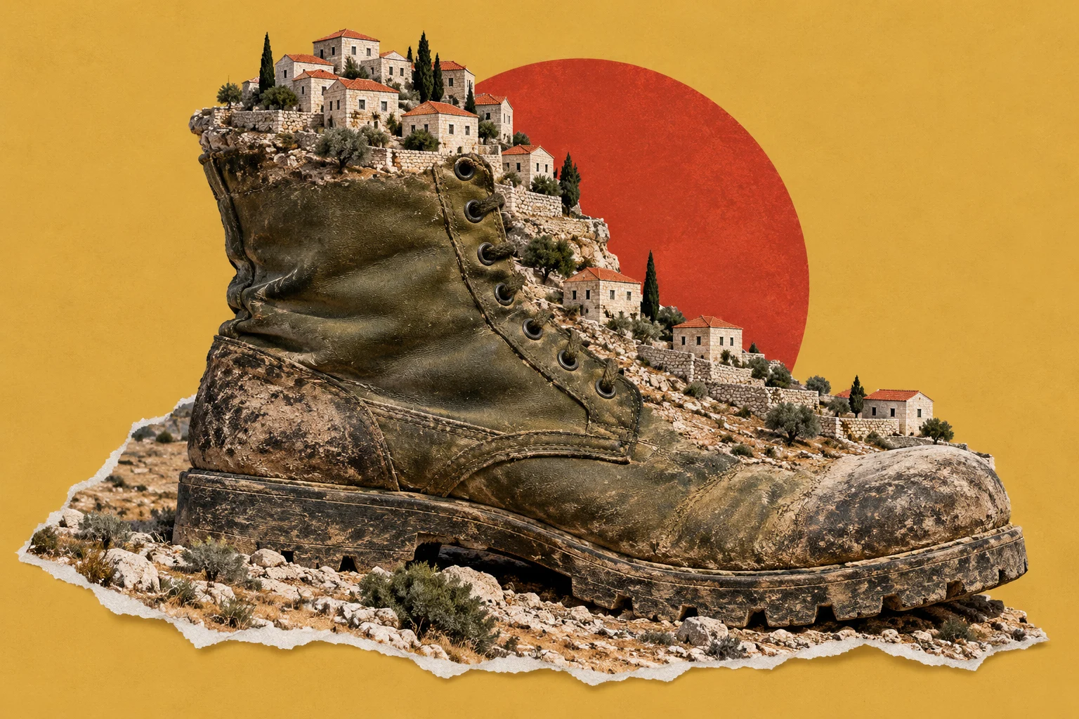 A weathered hiking boot forms a rocky hillside dotted with stone houses and cypress trees, against a mustard yellow background and large red sun.