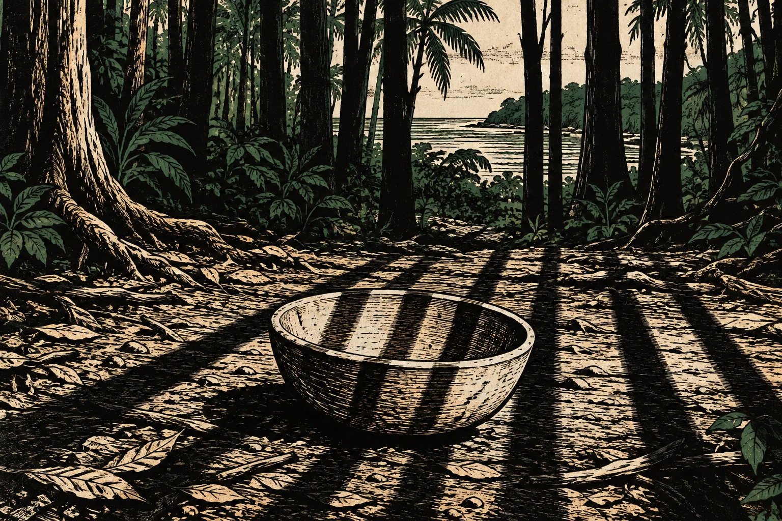 A woodcut-style scene shows an empty bowl on a sunlit forest floor, with long tree shadows, dense tropical foliage, and water visible beyond.