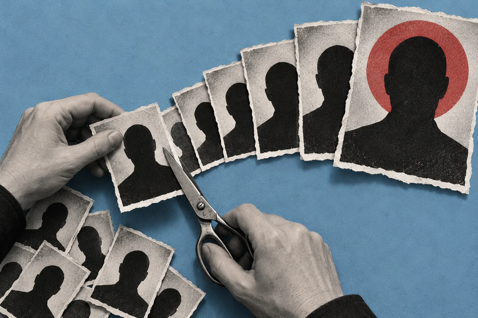 Hands use scissors to cut silhouette portraits on textured paper, with a row of portraits leading to a large silhouette framed by a red circle.