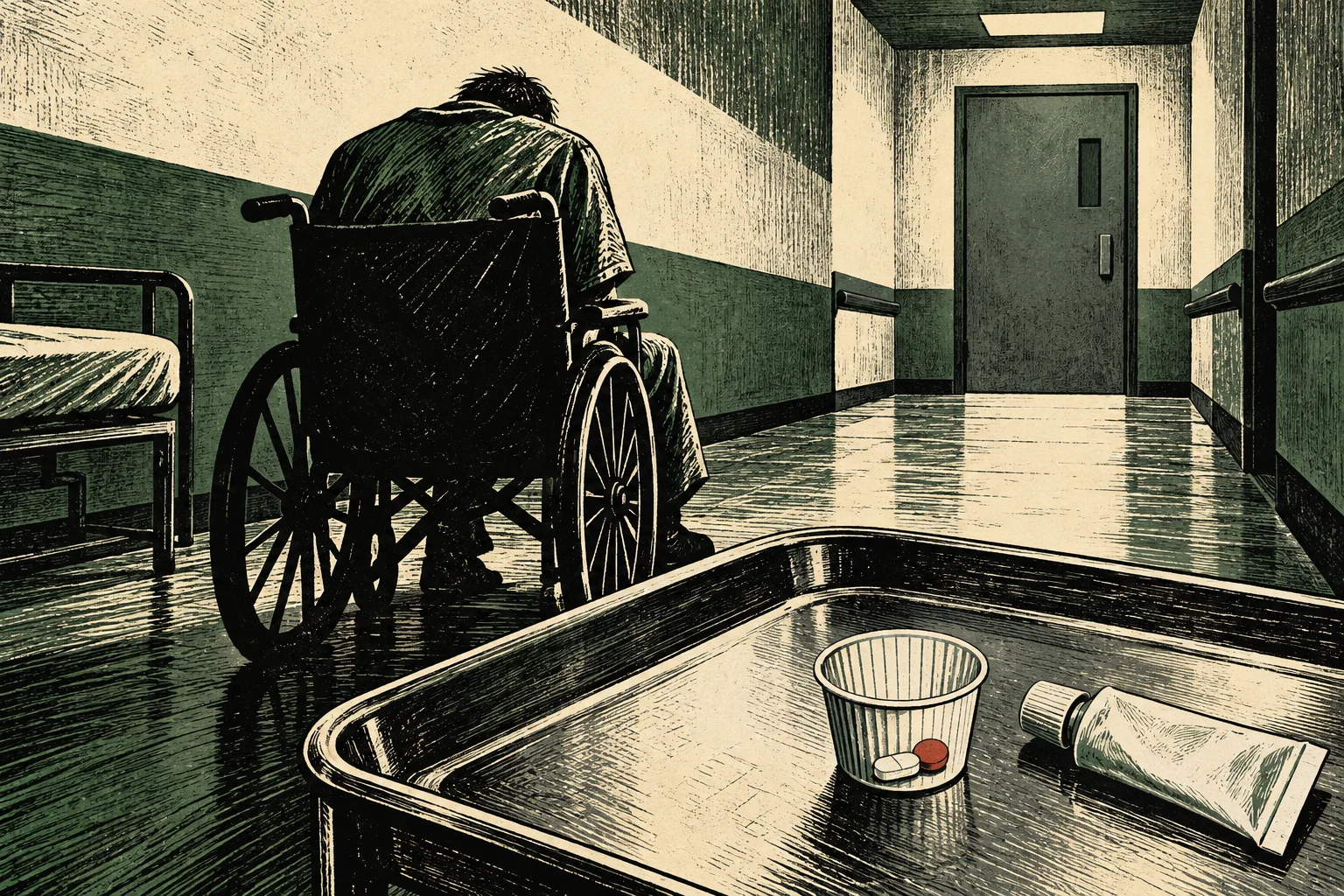 A person slumps in a wheelchair in a dim hospital corridor, with pills in a paper cup and a tube on a foreground tray.