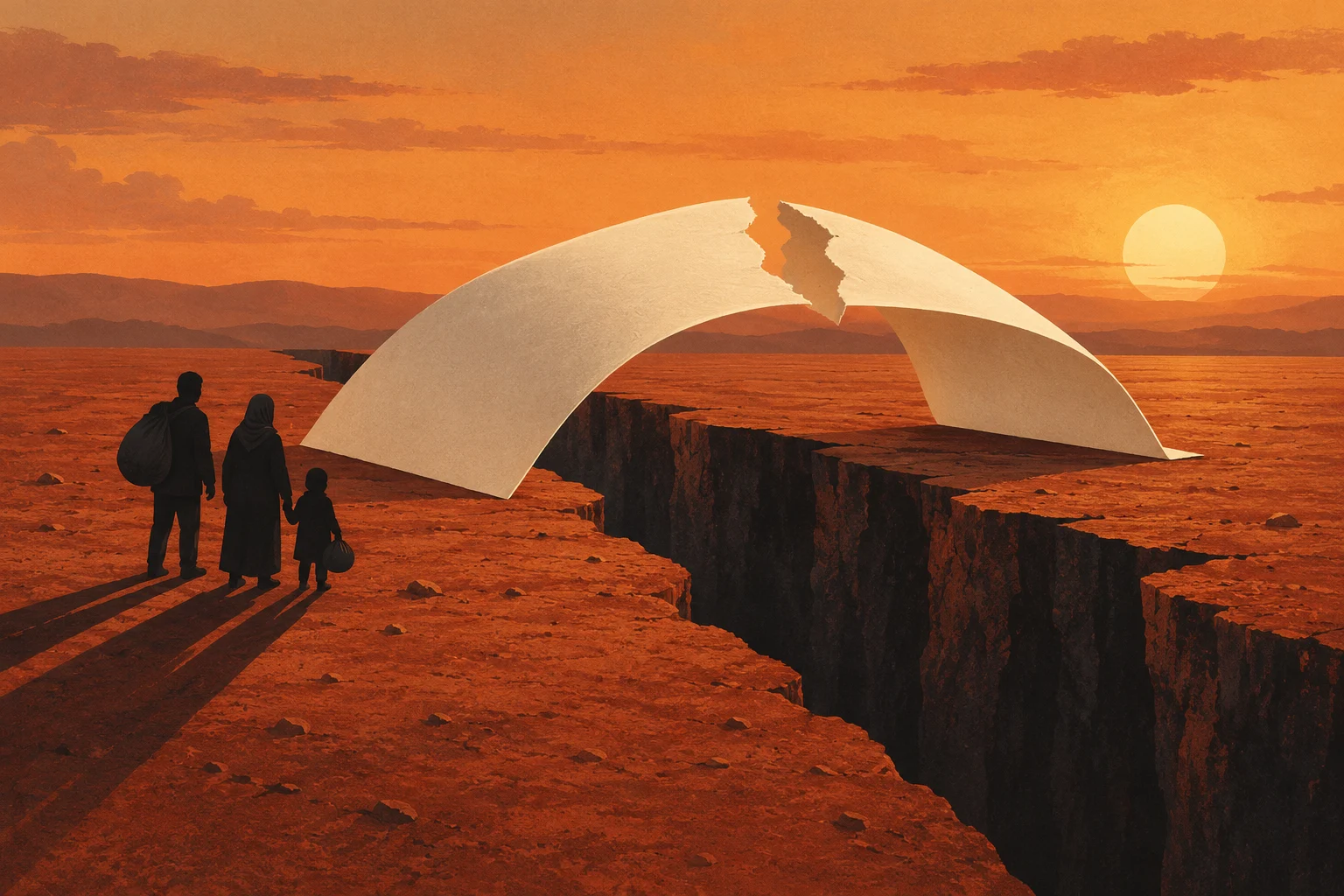 A family stands before a deep chasm in an orange desert at sunset, facing a torn paper bridge spanning the gap.