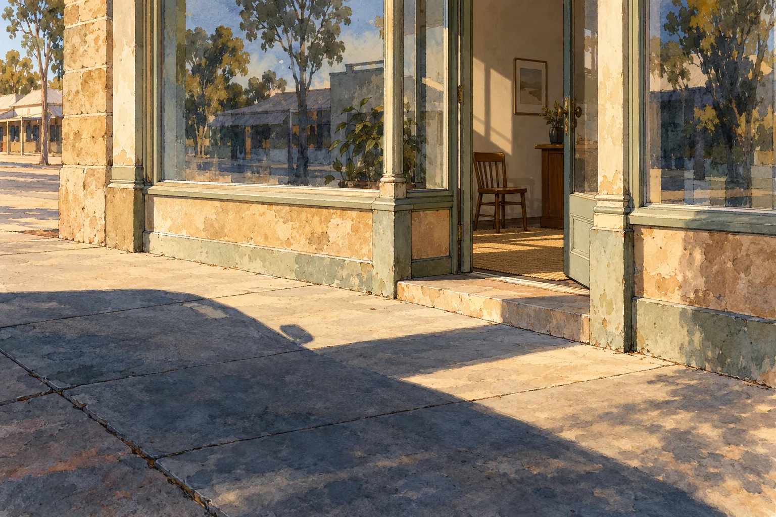 Warm sunlight illuminates a weathered storefront with large reflective windows and an open door revealing a wooden chair, while long shadows cross the sidewalk.