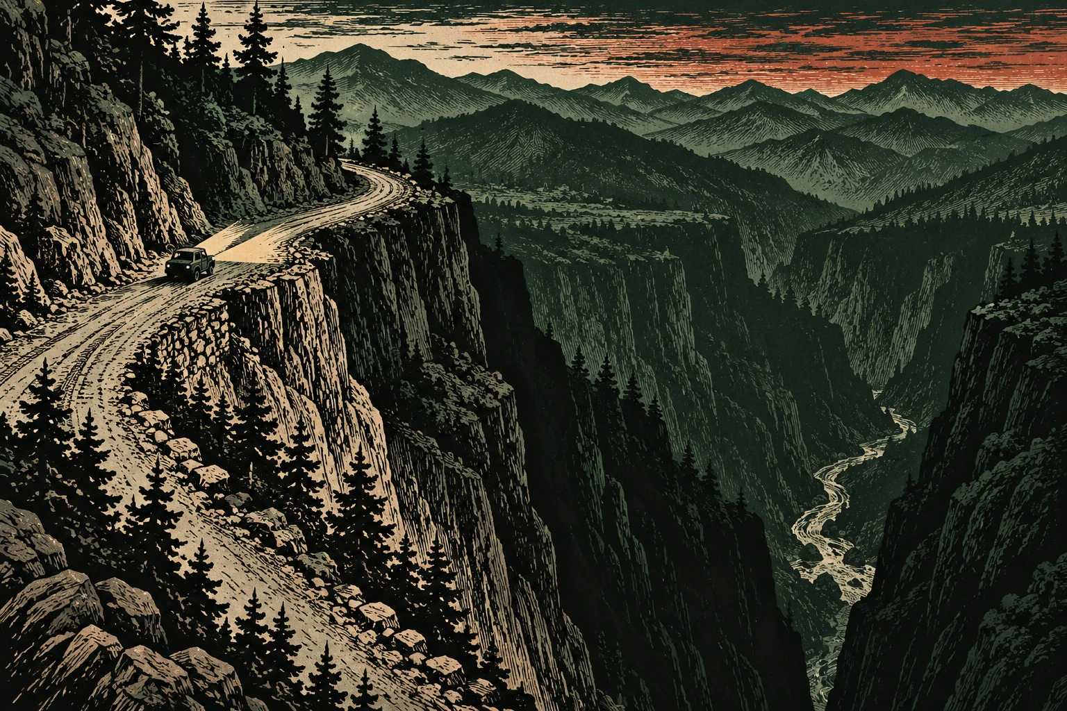 A woodcut-style landscape shows a vehicle on a narrow cliffside road above a deep river canyon, with pine trees, layered mountains, and an orange sunset.