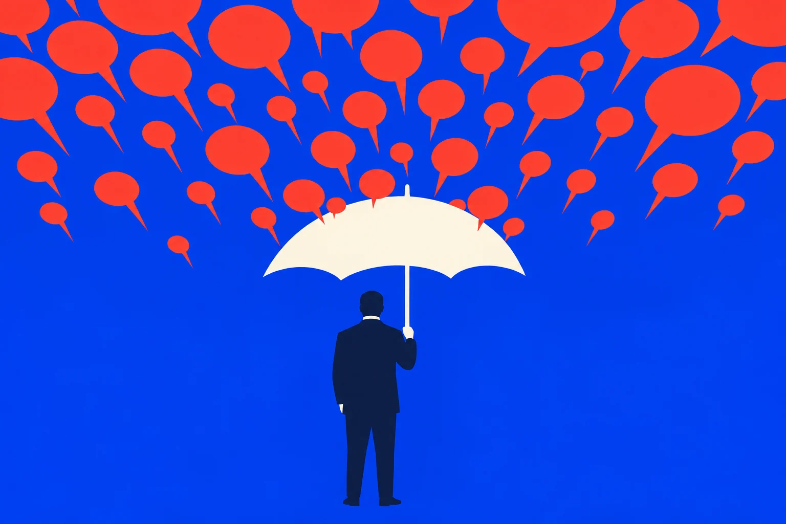 A person in a dark suit holds a cream umbrella beneath numerous red speech bubbles against a bright blue background.