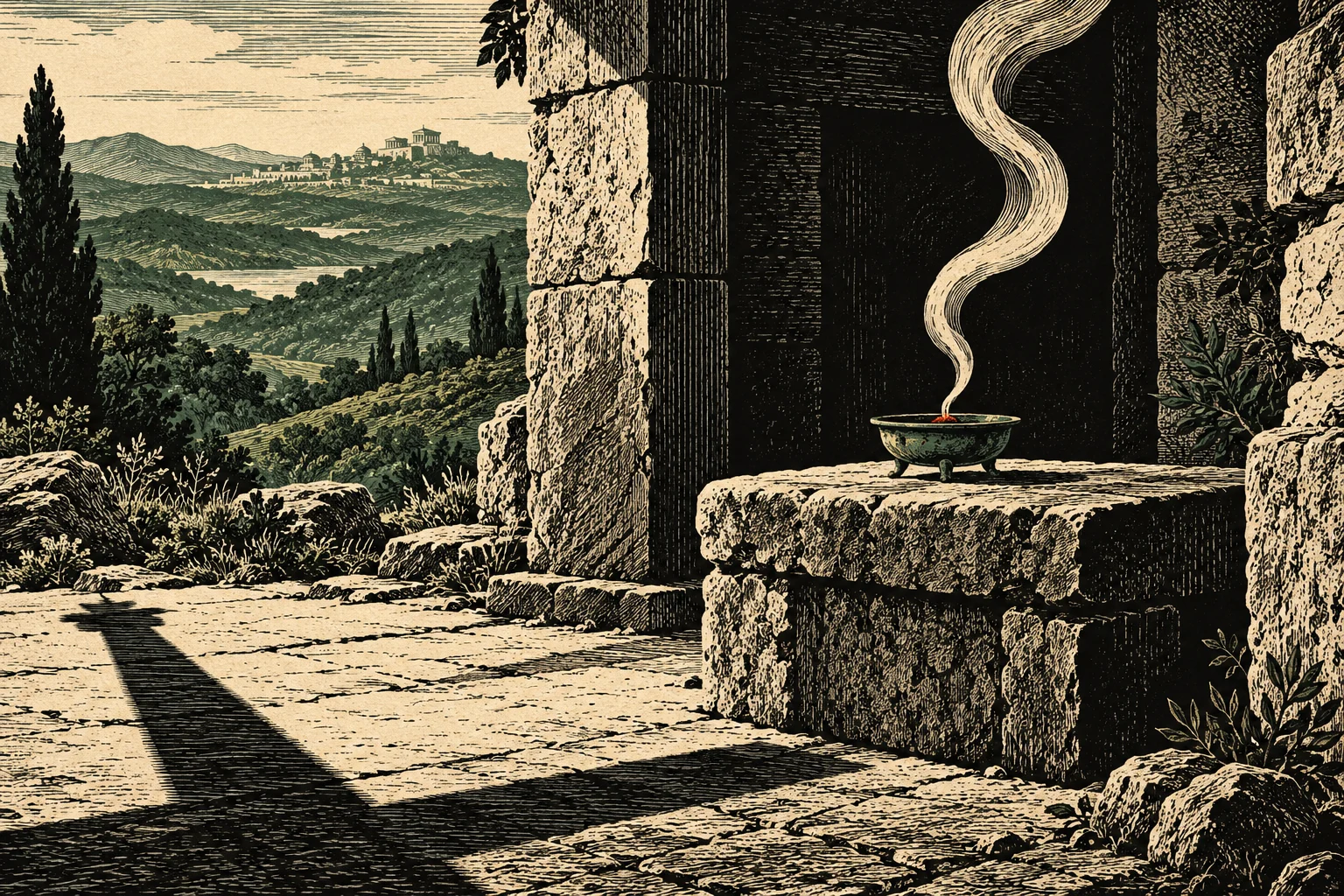 Smoke curls from a small incense bowl on a stone altar inside ancient ruins overlooking a hilly landscape with cypress trees and a distant classical city.