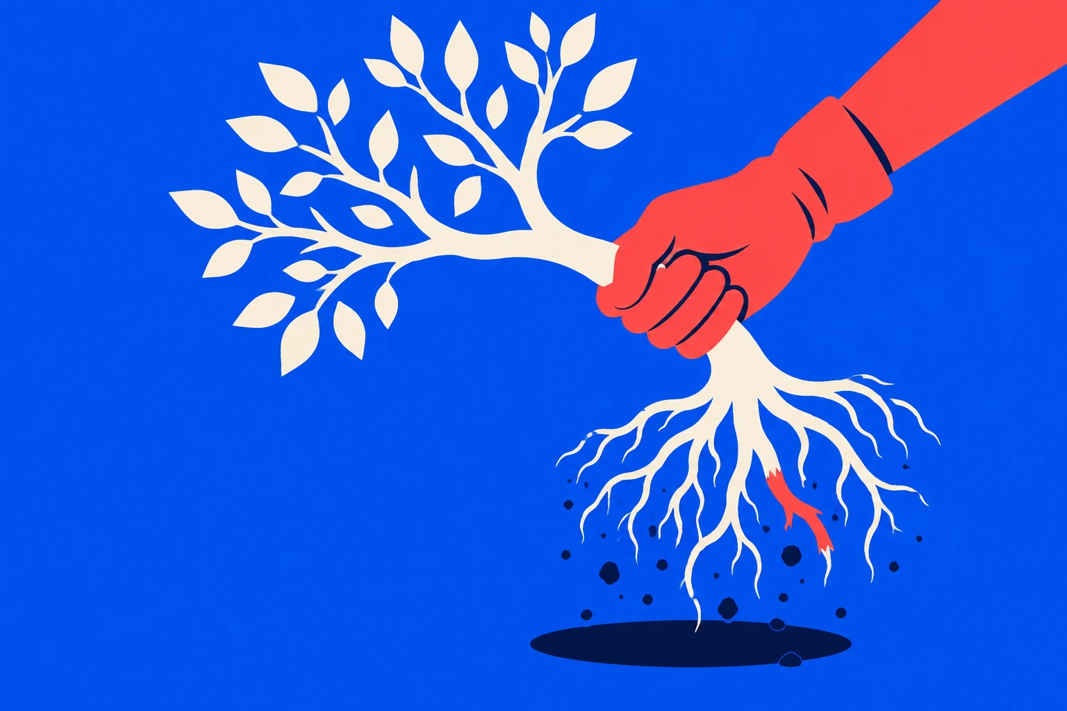 A red hand grips an uprooted white tree with leafy branches and exposed roots, with soil falling toward a dark hole against a blue background.