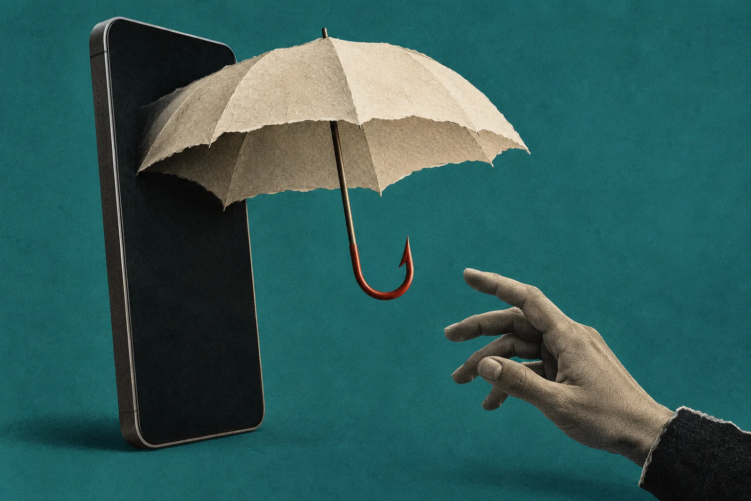 A paper umbrella with a red fishhook handle extends from a smartphone toward an outstretched hand against a textured teal background.