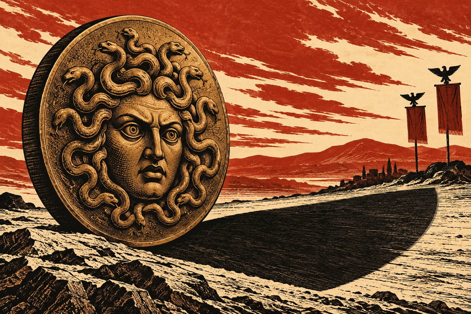 A large golden Medusa shield stands on rocky ground, casting a long shadow beneath a red sky, with eagle-topped banners and a distant city.