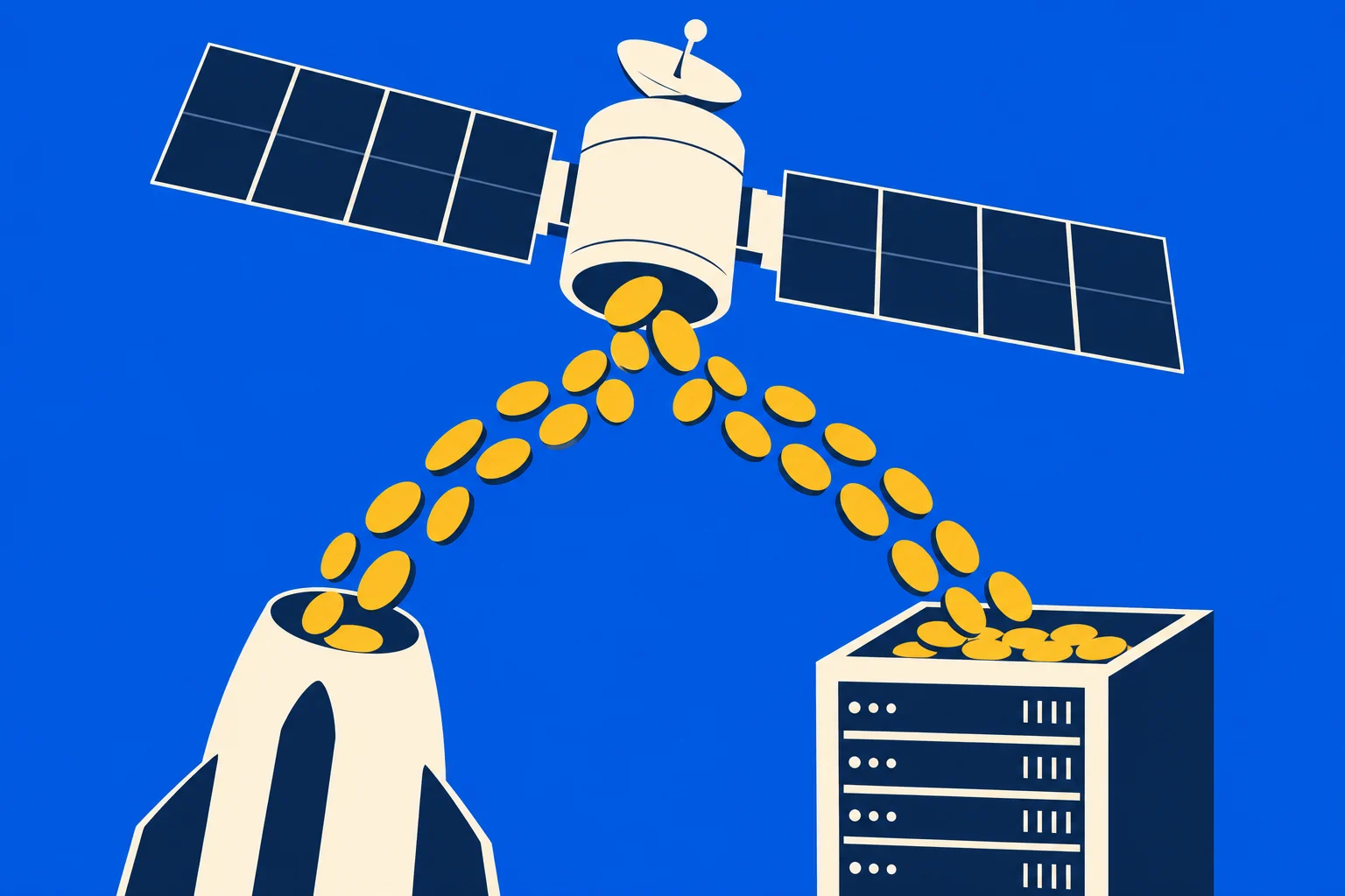 A satellite with solar panels pours gold coins toward a rocket and a server rack against a bright blue background.