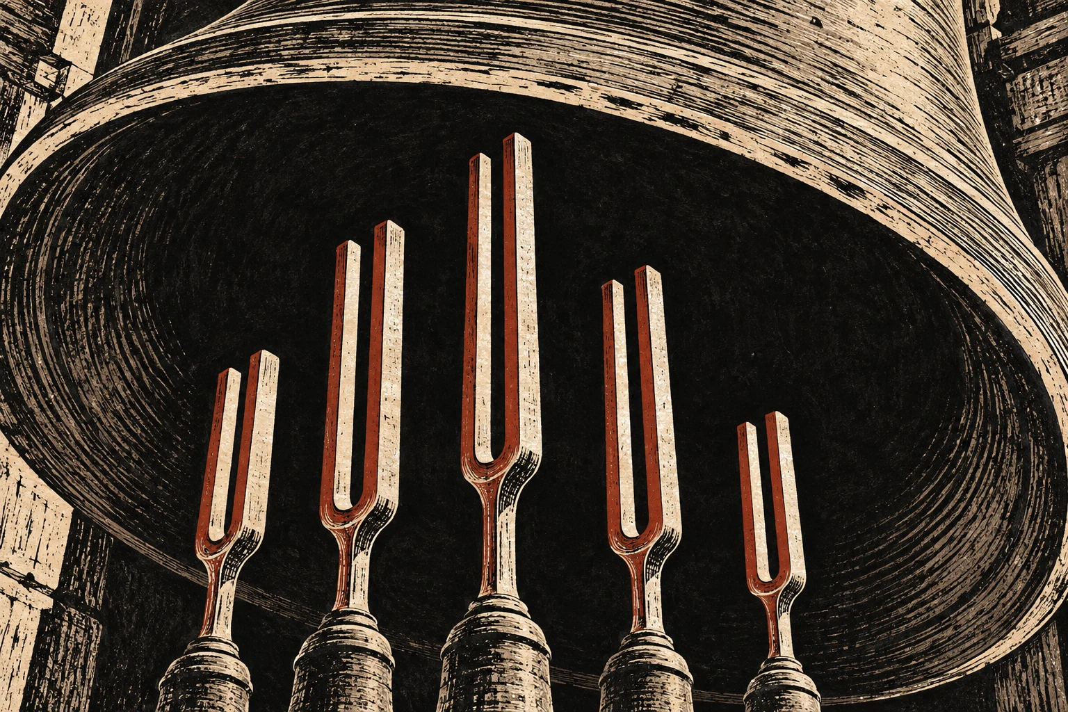 Five tuning forks of varying heights stand beneath a sweeping curved structure in a textured black, cream, and rust-colored illustration.