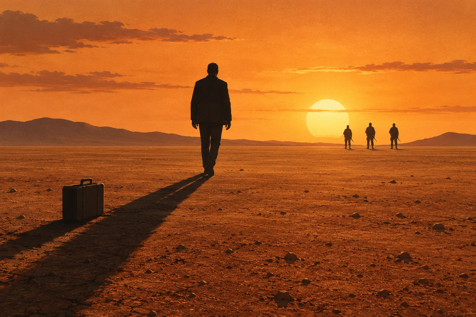 A suited man walks across an orange desert toward three distant armed figures at sunset, leaving a briefcase behind as long shadows stretch across the ground.