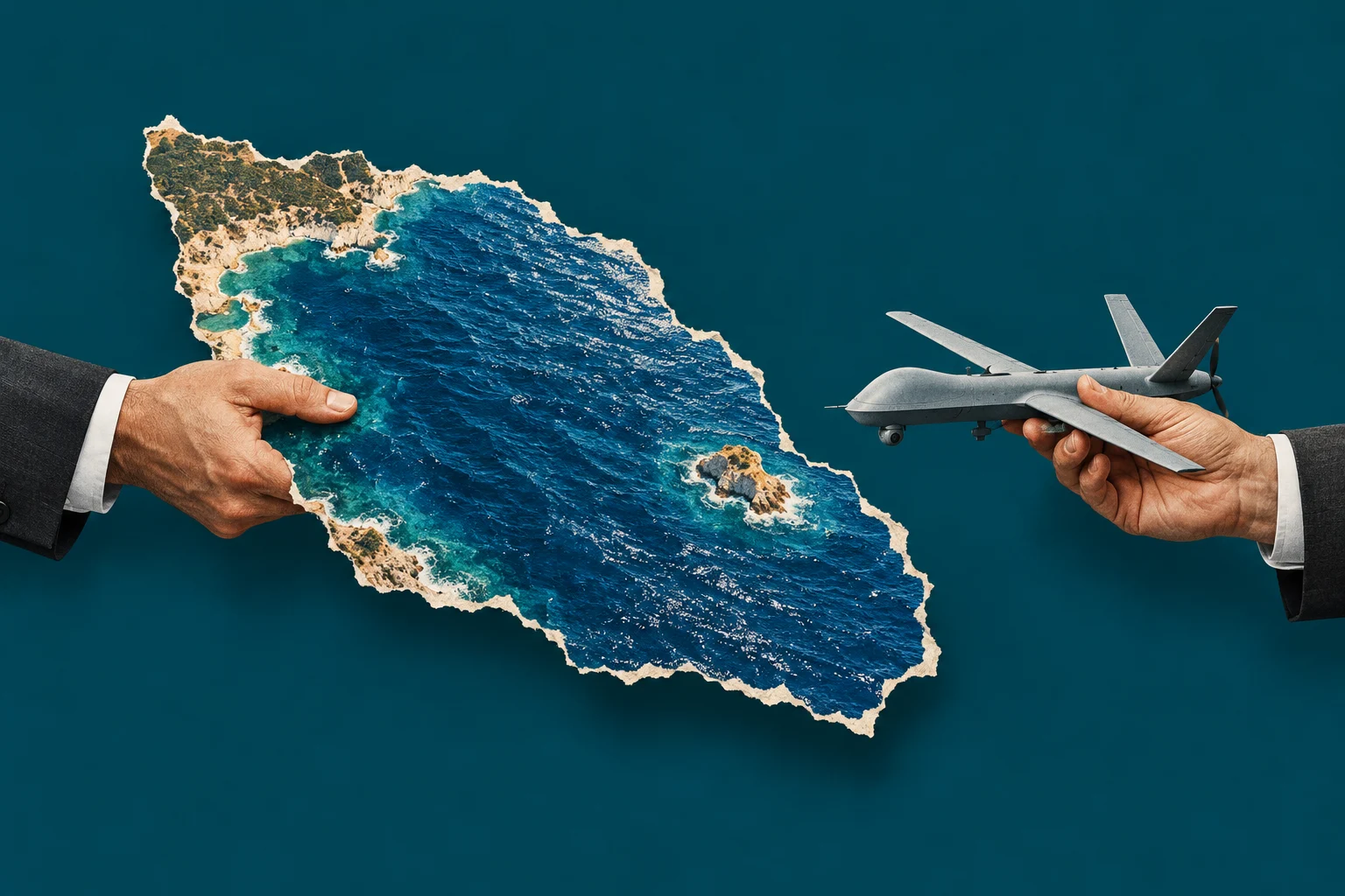 Two hands in suit sleeves hold a torn coastal seascape cutout and a gray military drone against a dark teal background.