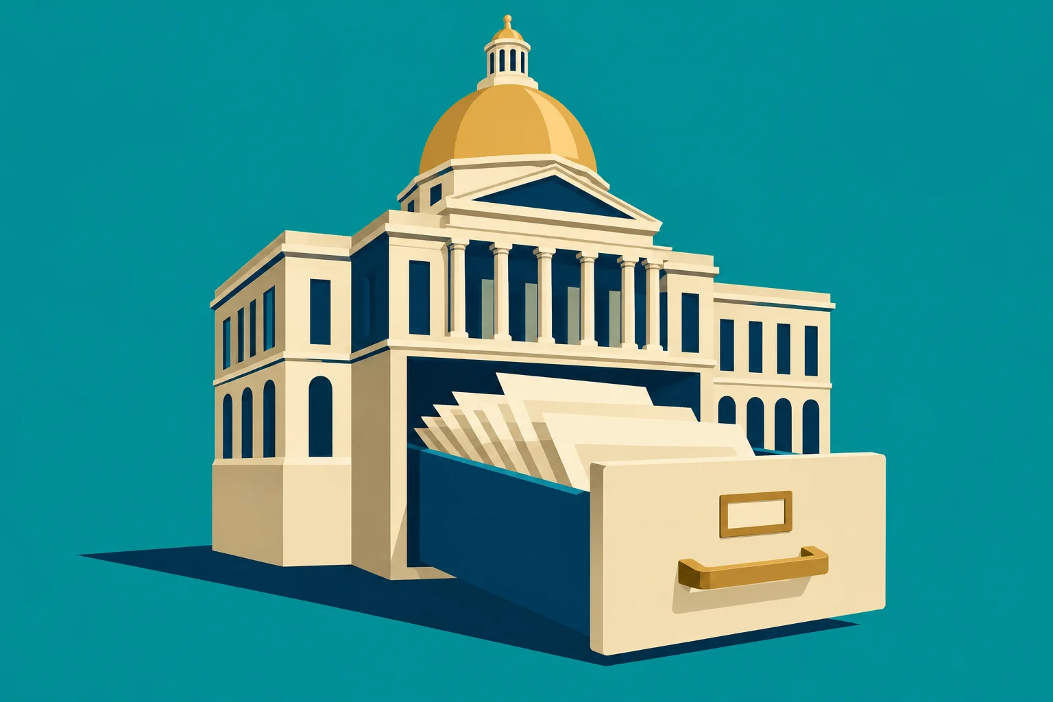 A stylized cream government building with a golden dome incorporates an open filing drawer filled with folders against a teal background.