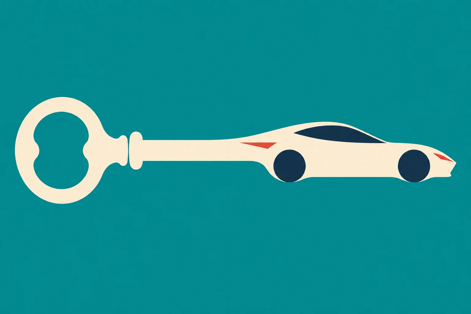 A cream-colored key merges into the silhouette of a sports car with dark blue wheels and windows and red lights against a teal background.