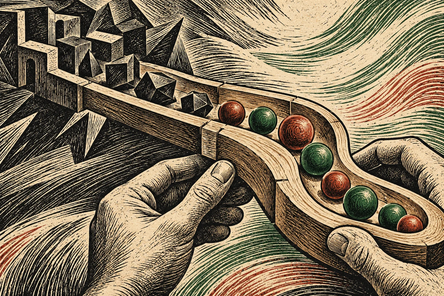 Woodcut-style hands hold a curved wooden track containing red and green balls, leading toward geometric obstacles against a background of flowing lines.