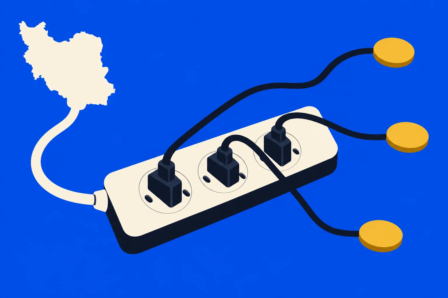 An Iran-shaped power cord connects to a three-socket power strip, with black cables extending from three plugs to gold coins against a blue background.