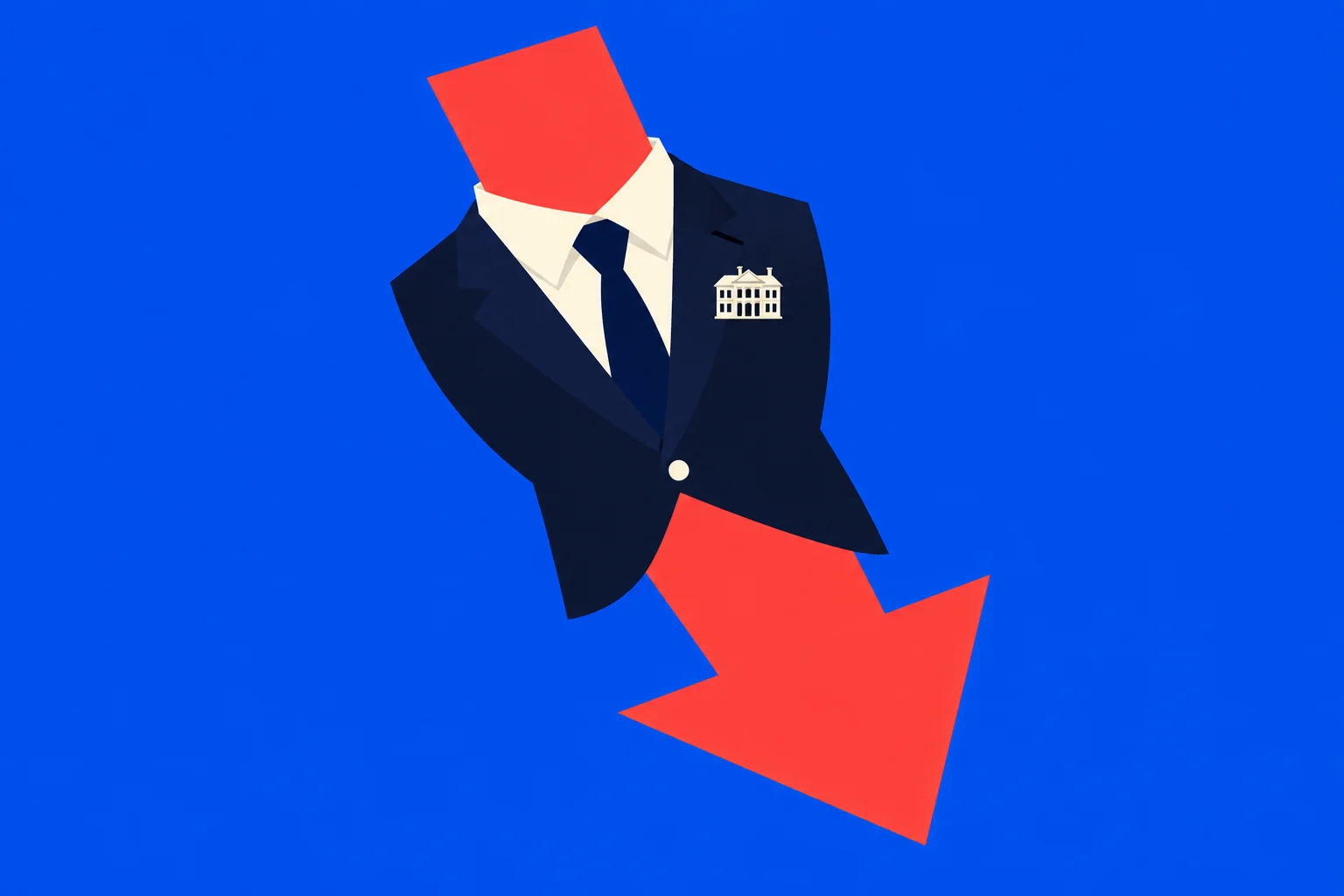A large red downward arrow wears a dark suit, cream shirt, navy tie, and White House pin against a bright blue background.