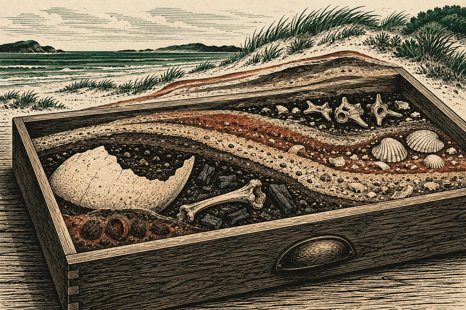 A vintage illustration shows a wooden drawer containing layers of coastal sediment, shells, bones, and pottery fragments, with grassy dunes and the sea behind it.