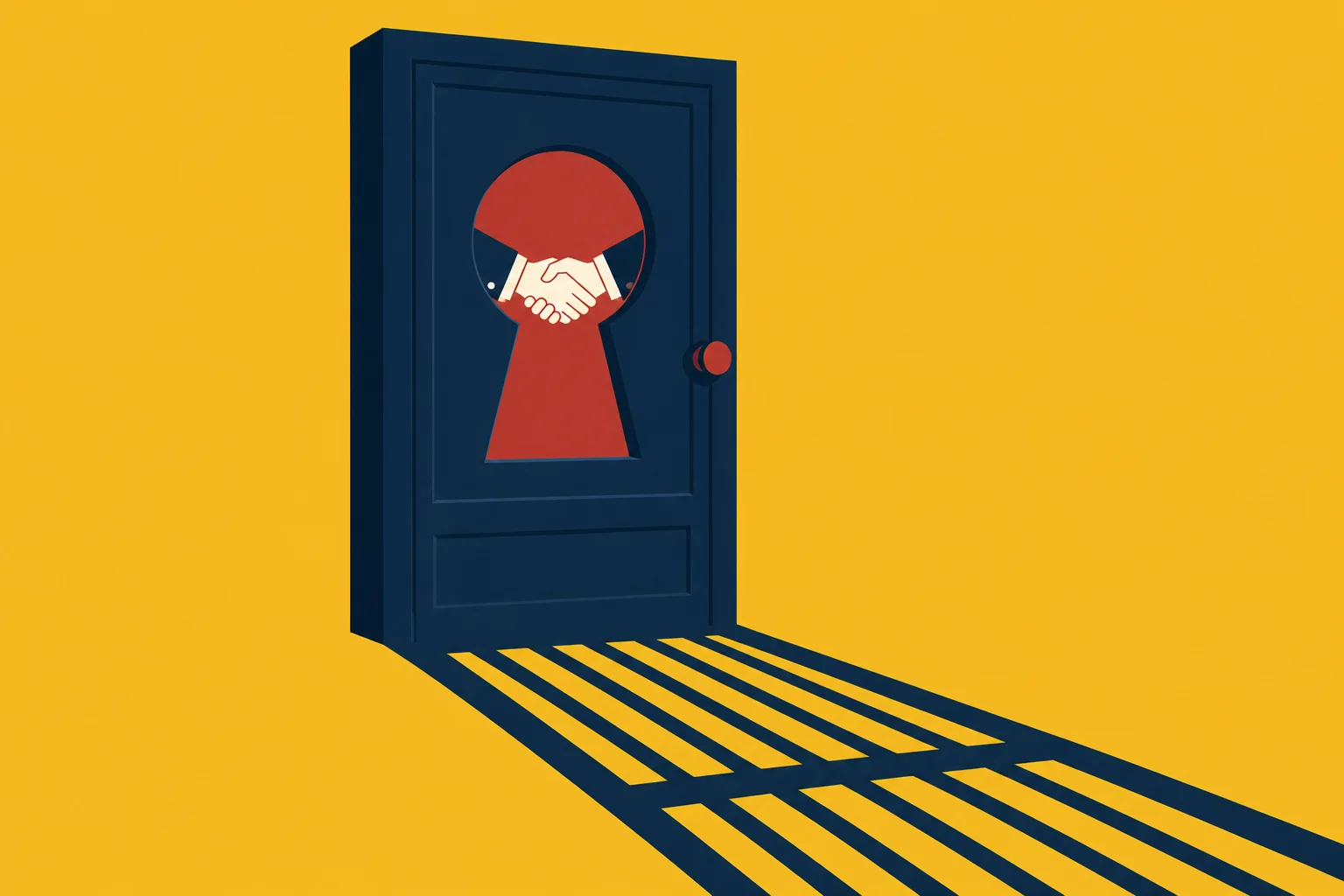 A dark blue door on a yellow background has a red keyhole framing a handshake and casts a long shadow resembling prison bars.