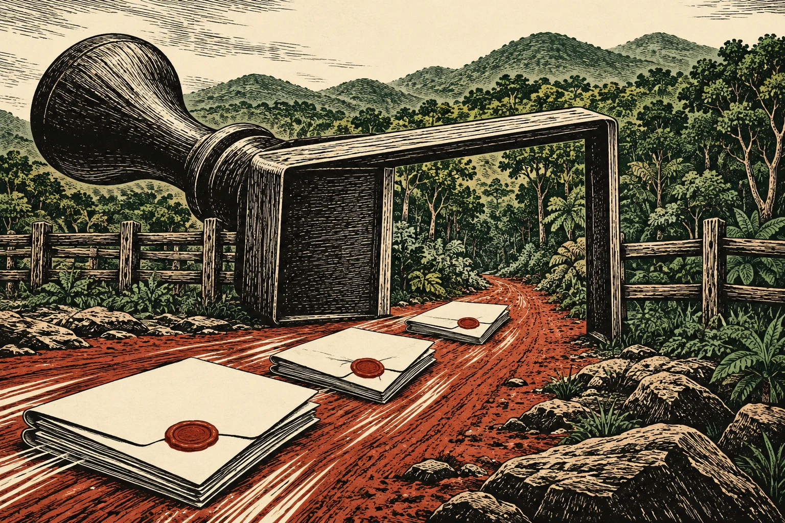 Three wax-sealed envelopes lie on a red dirt road passing through a giant rubber stamp, surrounded by wooden fences, dense forest, and distant mountains.