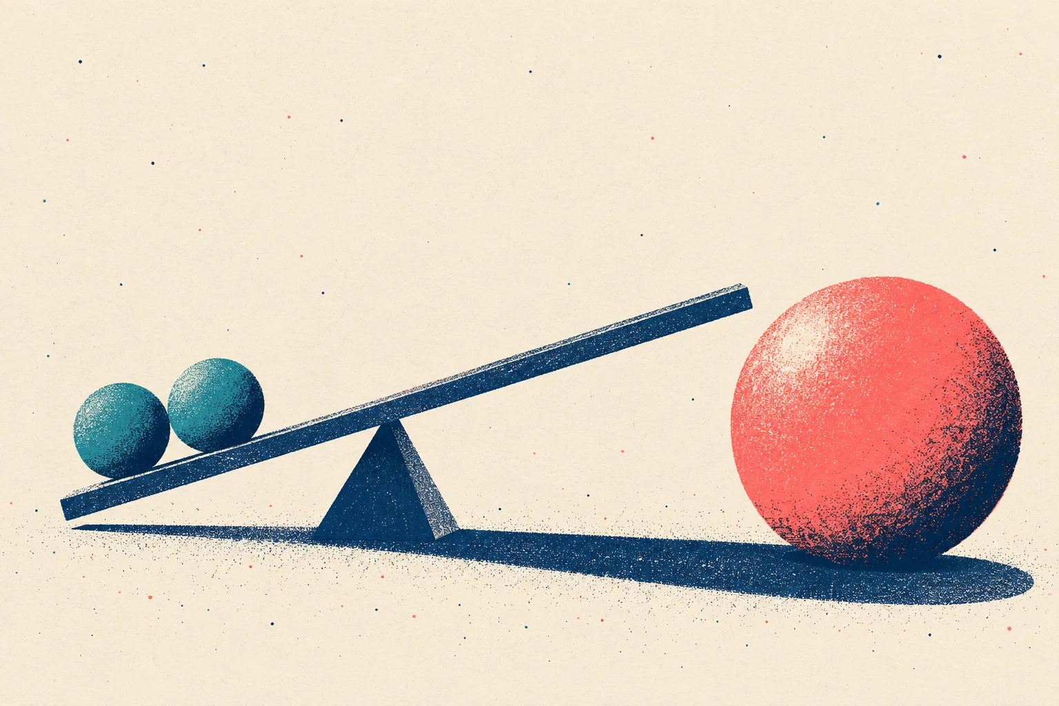 Two small teal balls rest on the lowered left side of a seesaw, while a large coral ball sits on the ground beside its raised right end.