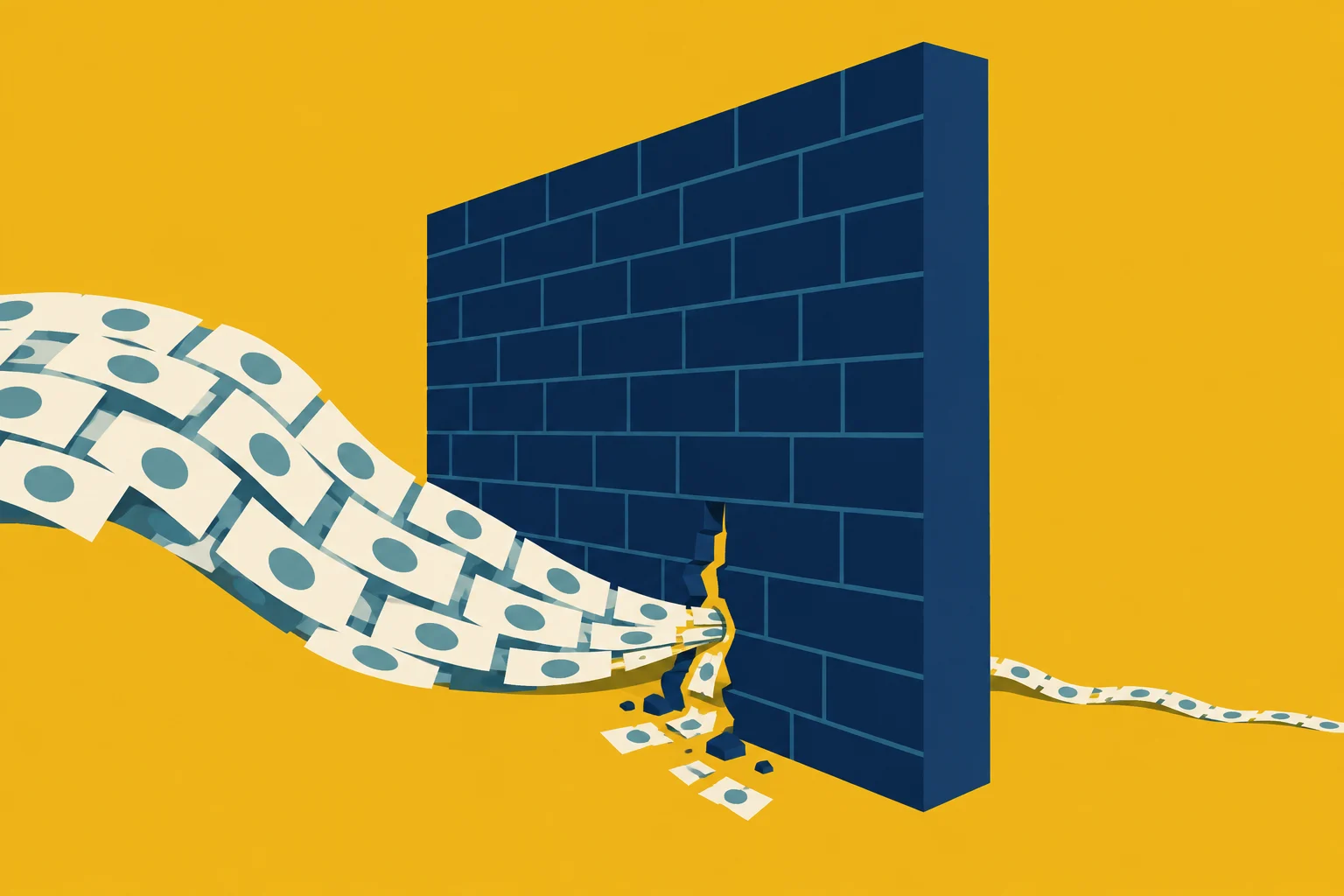 A stream of banknotes squeezes through a small crack in a tall blue brick wall against a yellow background, with scattered notes and rubble below.