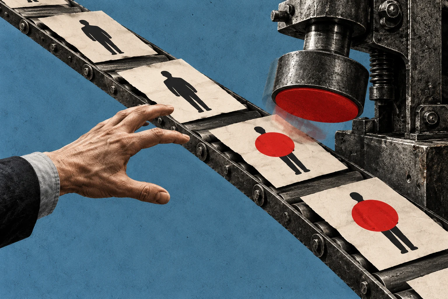 A hand reaches toward a conveyor belt carrying paper human silhouettes as an industrial press stamps red circles onto their torsos.