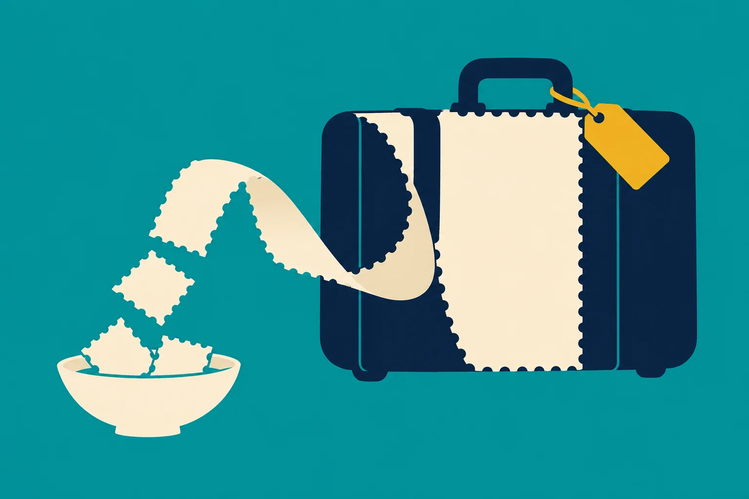 A navy suitcase with a yellow luggage tag is wrapped in a cream ribbon that unspools into a bowl against a teal background.