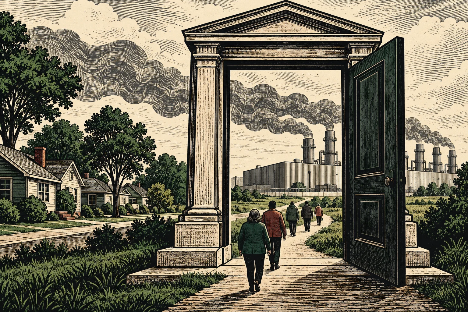 People walk through a monumental open doorway toward smoking factories, while trees and small houses line the neighboring street in a vintage woodcut scene.