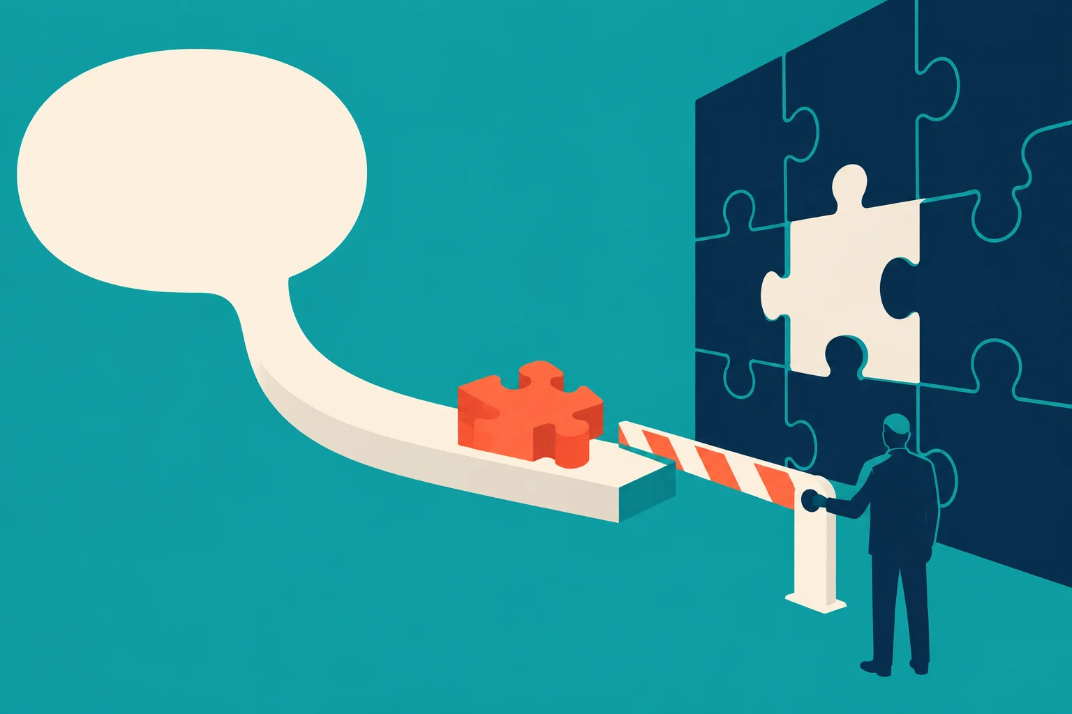 An orange puzzle piece travels along a cream pathway toward a missing space in a navy puzzle wall, while a person holds a striped barrier closed.