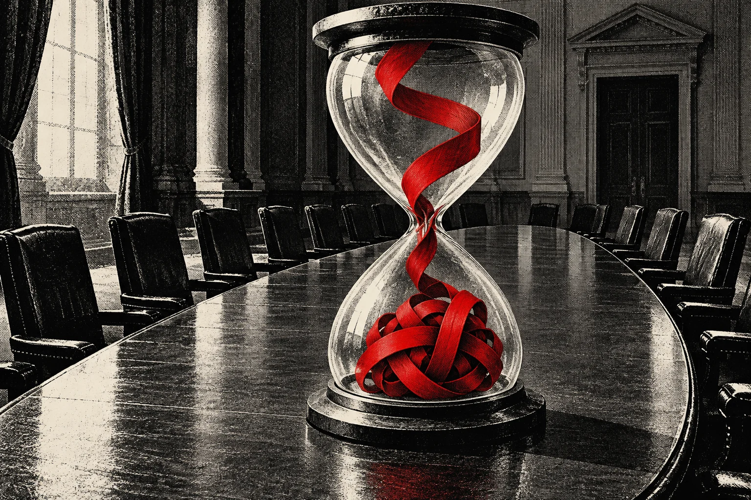 A glass hourglass containing a twisting red ribbon and tangled red knot stands on a polished conference table in a dark, ornate room.