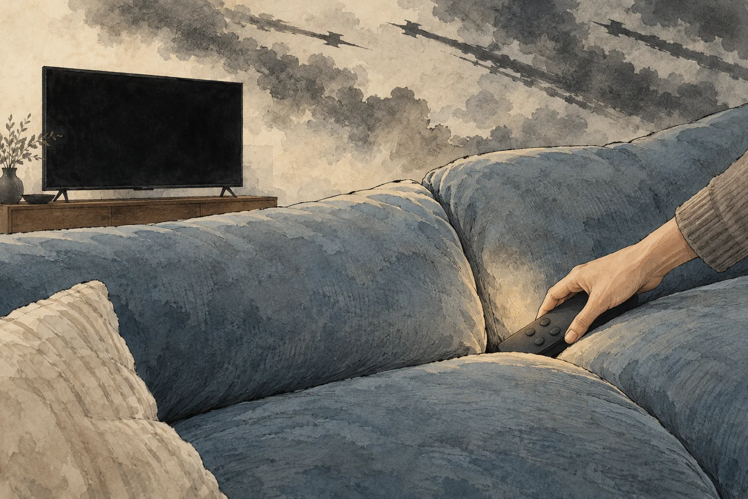 A hand holds a remote between blue sofa cushions, facing a dark television beneath a wall decorated with smoky streaks and aircraft silhouettes.