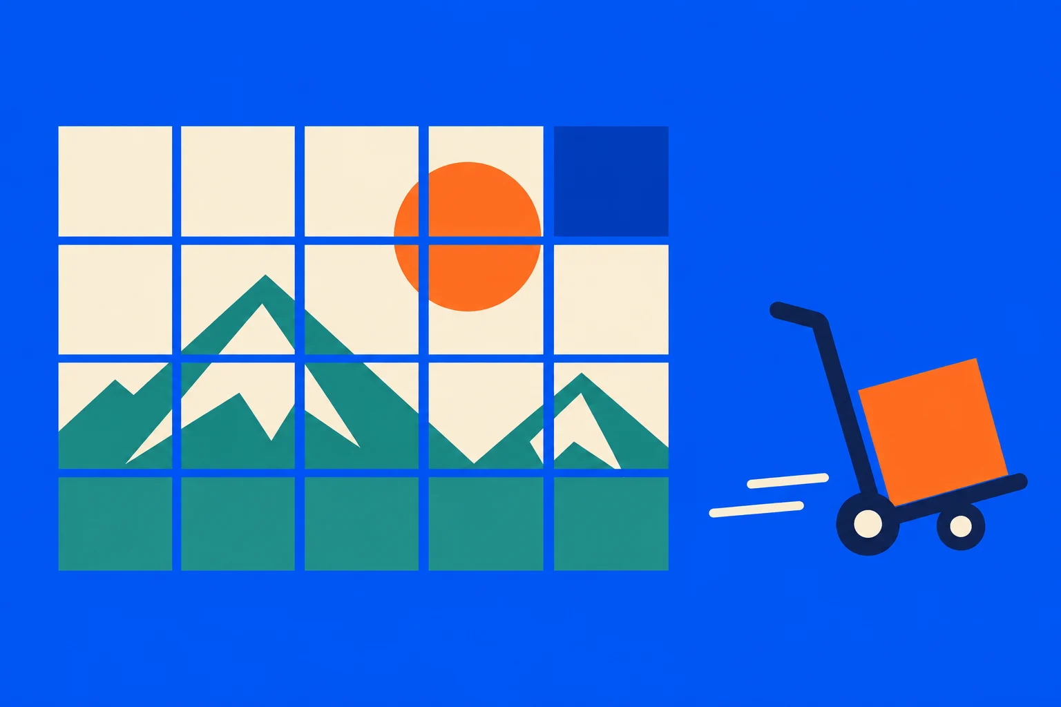 A tiled mountain landscape with an orange sun appears beside a hand truck carrying an orange box on a bright blue background.