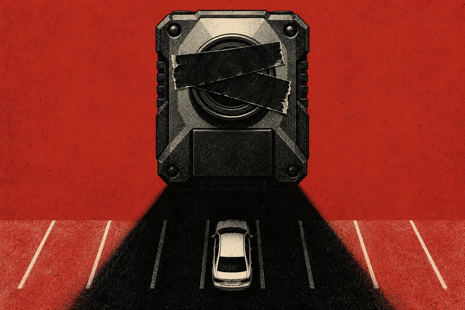 A large surveillance camera with black tape covering its lens casts a dark shadow over a lone car in a red parking lot.