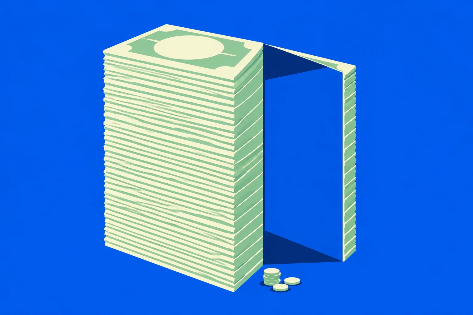 A tall stack of green banknotes forms an open doorway against a bright blue background, with a few coins beside it.
