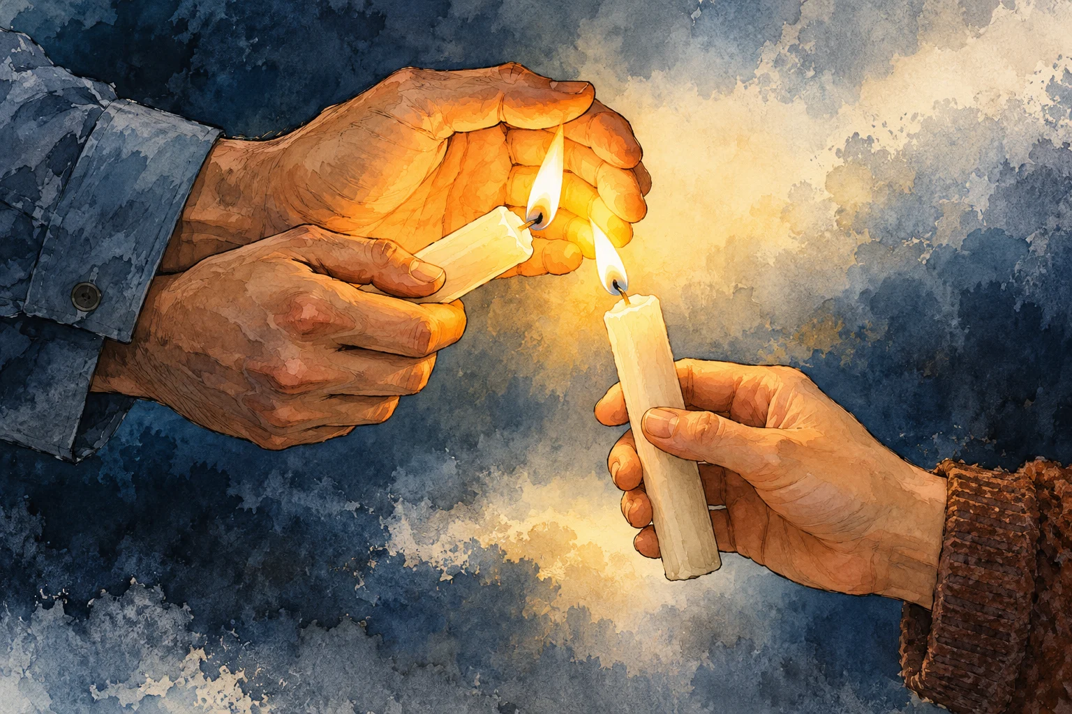 Watercolor illustration of hands holding two lit candles close together, with one hand shielding the flames against a dark blue background.