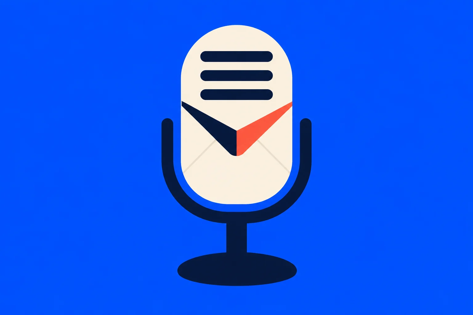 A stylized cream microphone with an envelope motif, navy stand, and red accent sits against a bright blue background.