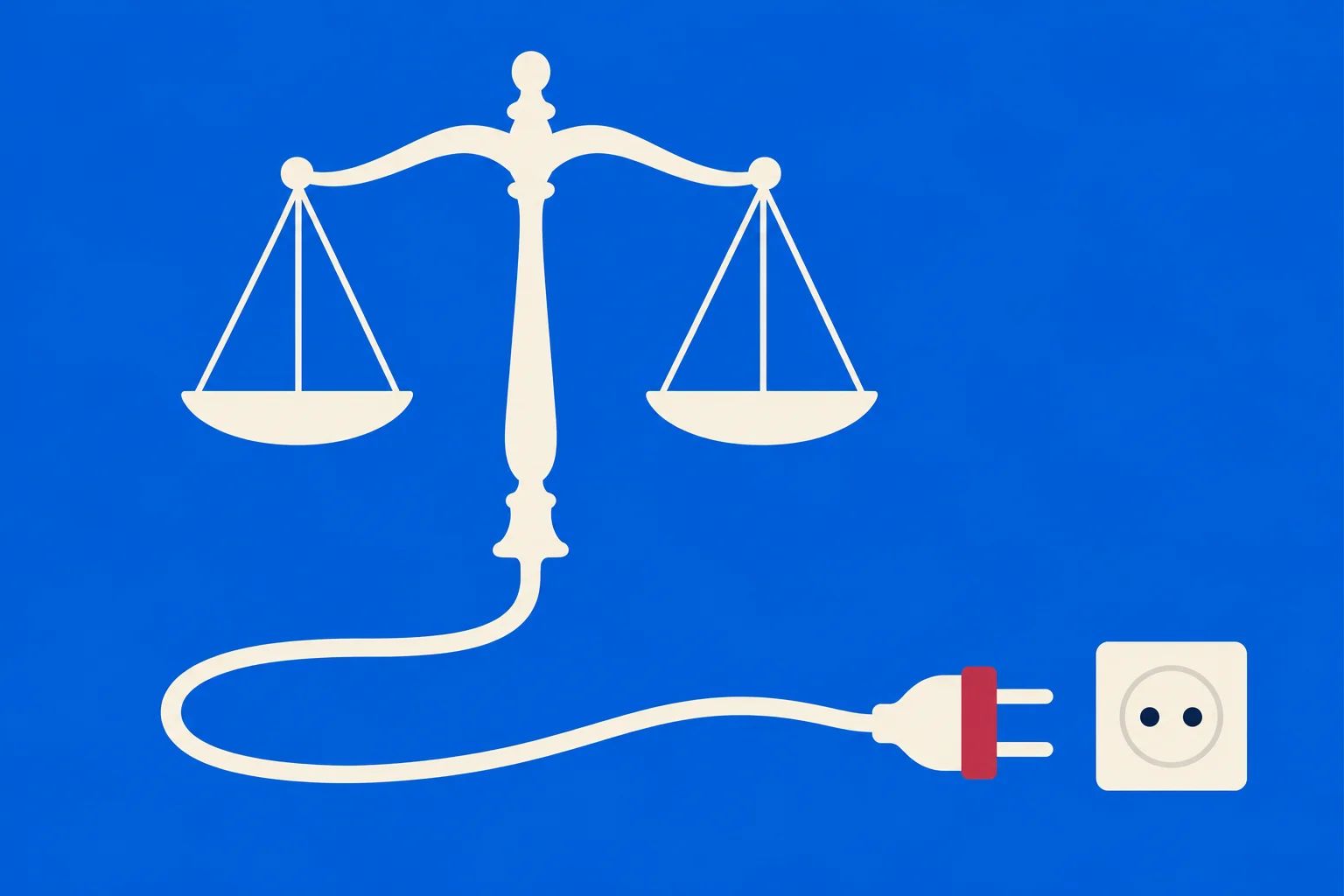 Cream-colored balance scales on a blue background connect to an unplugged electrical cord beside a wall socket.