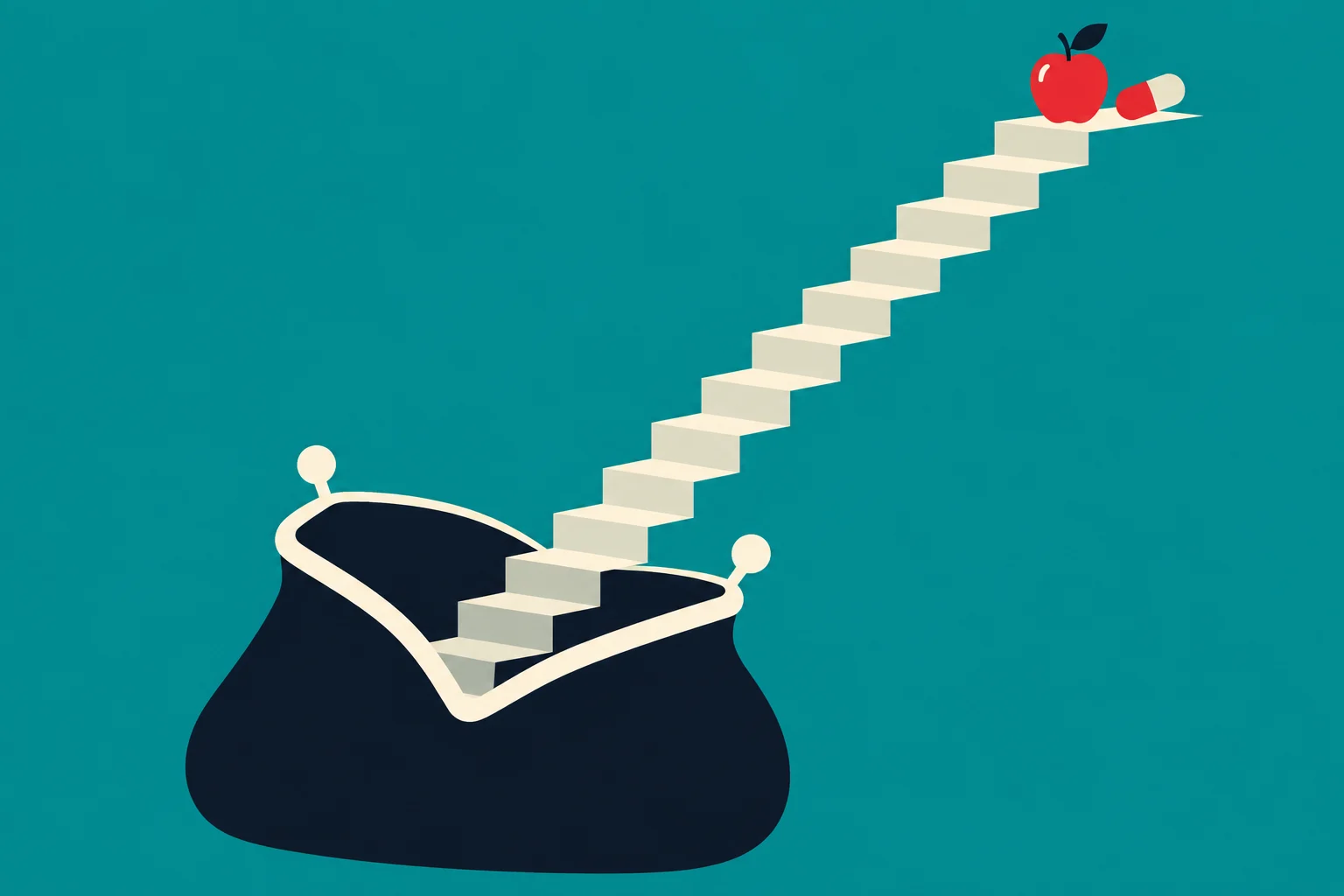 A cream staircase rises from an open dark purse toward a red apple and capsule against a teal background.
