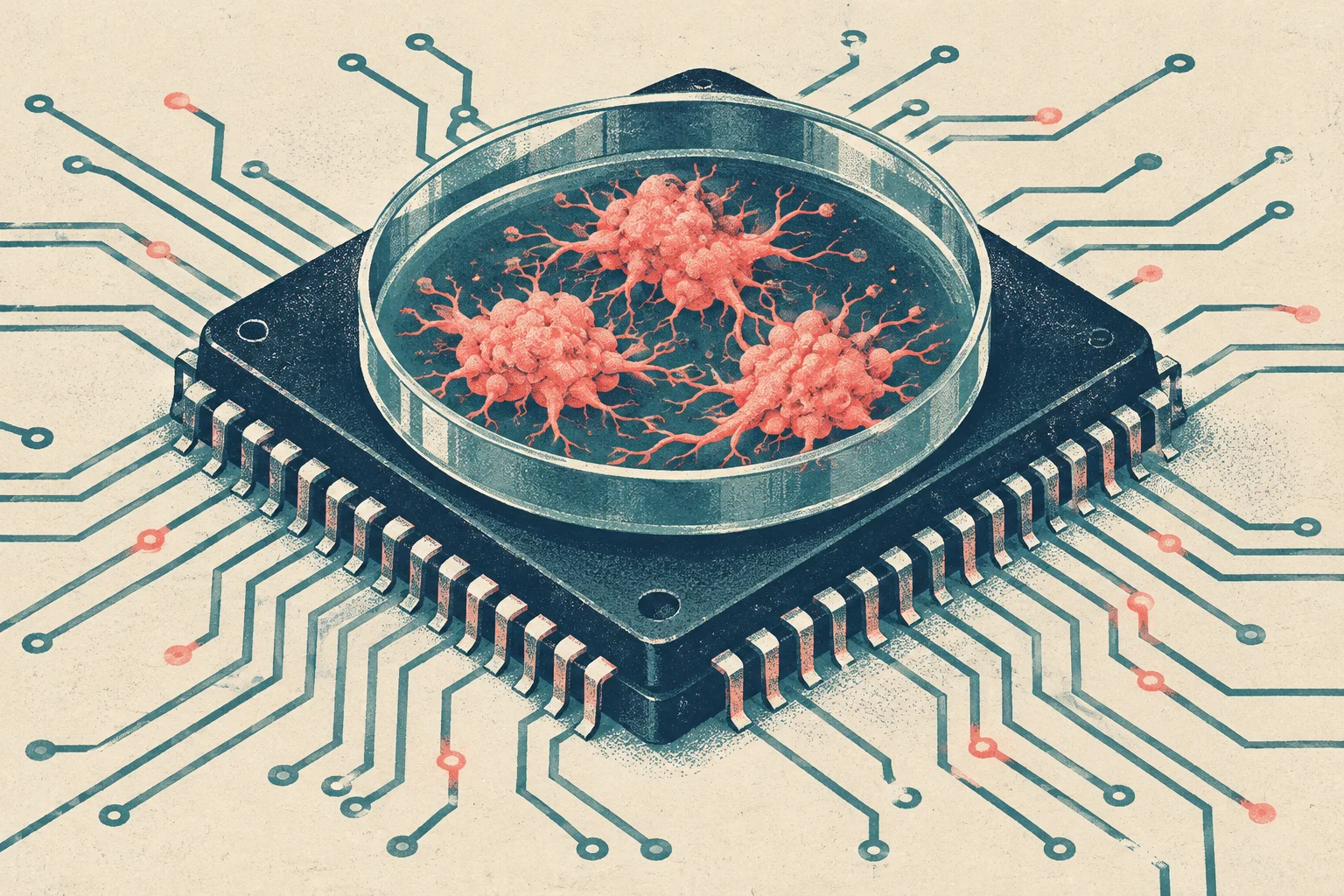Three coral-colored cell clusters sit in a petri dish atop a microchip, surrounded by branching teal circuit traces on a textured cream background.