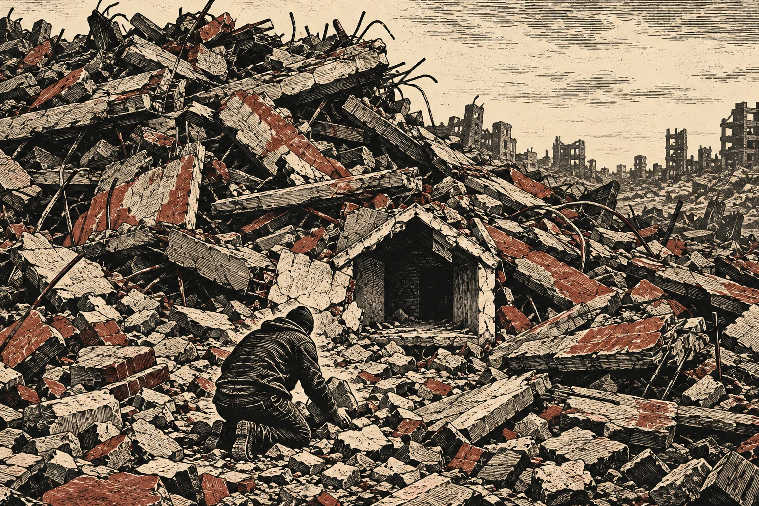 A person kneels amid heaps of shattered concrete and exposed rebar, facing a small dark opening, with ruined buildings stretching across the distant skyline.
